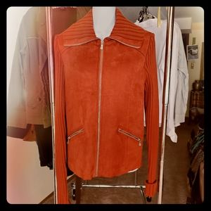 e studio rust faux suede & cotton zip sweater